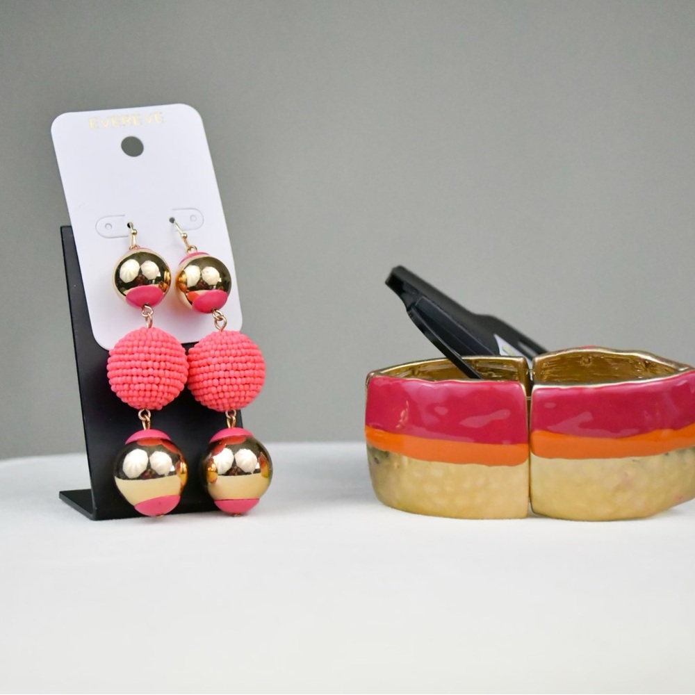 Vibrant Gold and Pink Dangling Earrings and Bangle Set